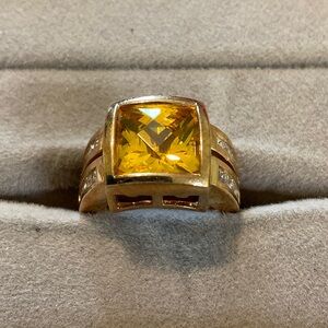 Elegant Gold Toned Sterling Silver and Yellow Gemstone Ring